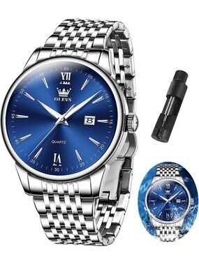 Men's Silver Blue Stainless Steel Analog Quartz Classic Waterproof Luxury Watch